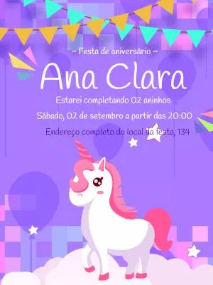 Convite de Aniversário Unicórnio Fofo para Editar Online