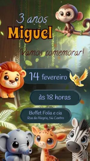 Convite Aniversário Safari Menino com Animais Fofos para Editar