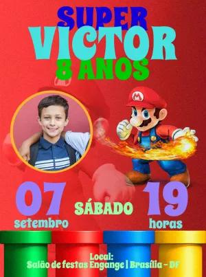Convite Aniversário Super Mario com Foto para Editar Online