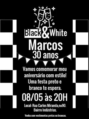 Convite de Aniversário Adulto Preto e Branco para Editar