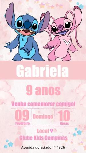 Convite de Aniversário Stitch e Angel Festa Rosa para Editar