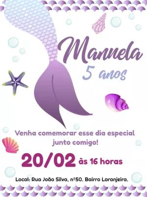 Convite de Aniversário Sereia Roxo para Editar e Enviar Online