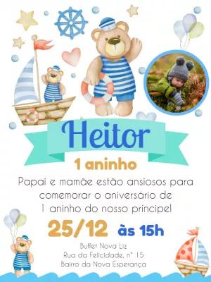 Convite Aniversário Ursinho Marinheiro com Foto para Editar