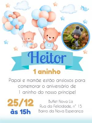 Convite Aniversário Ursinho Baloeiro com Foto para Editar