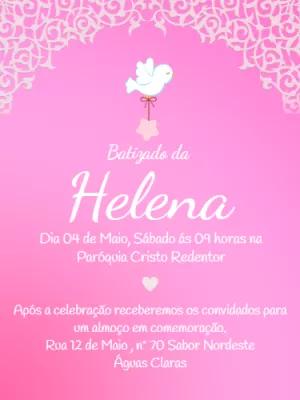 Convite de Batizado Rosa com Pomba para Editar Online