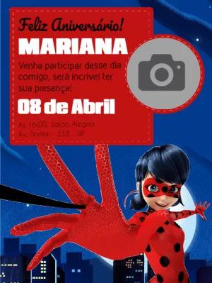 Convite Aniversário Miraculous Ladybug com Foto para Editar