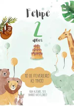 Convite de Aniversário Safari com Animais para Editar Online