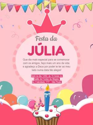 Convite Aniversário Coroa de Princesa Rosa para Editar Online