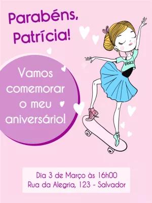 Convite Aniversário Bailarina Skatista para Editar Online