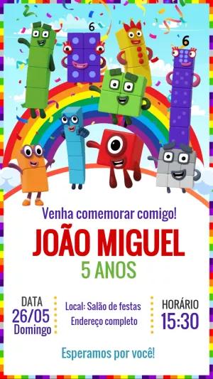 Convite de Aniversário Numberblocks com Personagens para Editar