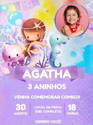 Convite Aniversário Sereia com Foto para Editar Online