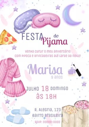 Convite Aniversário Festa do Pijama Menina para Editar Online