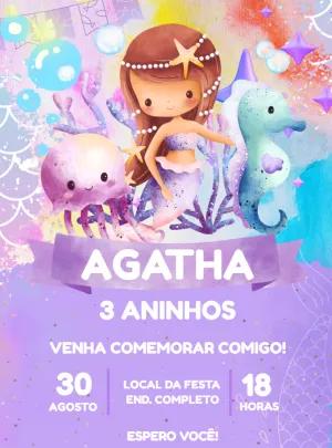 Convite Aniversário Sereia Lilás Aquarela para Editar Online