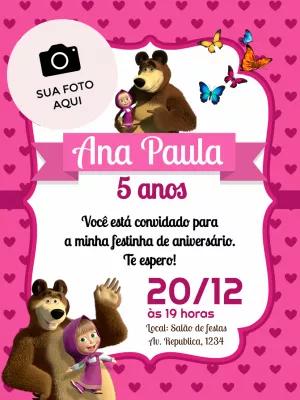 Convite de Aniversário Masha e o Urso com Foto para Editar