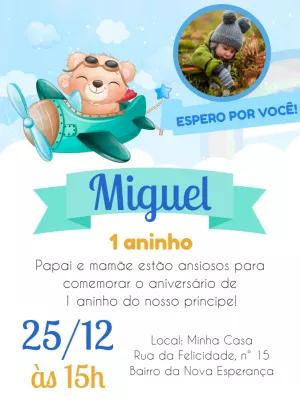Convite Aniversário Ursinho Aviador com Foto para Editar