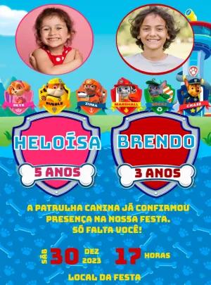 Convite Aniversário Duplo Patrulha Canina para Editar Online