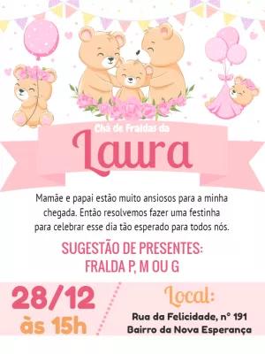 Convite Chá de Fraldas Ursinha Rosa para Editar Online
