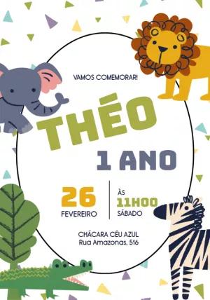 Convite Aniversário Safari com Animais Fofos para Editar Online