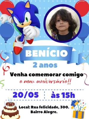Convite Aniversário Sonic com Foto para Editar Online
