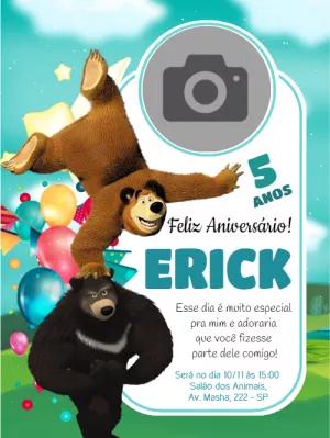 Convite de Aniversário Masha e o Urso com Foto Editável