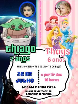 Convite Duplo Aniversário Star Wars e Princesas para Editar