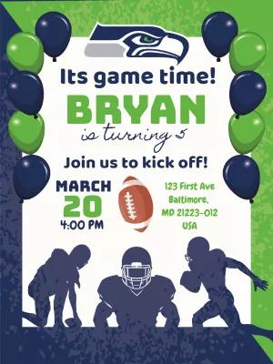 Editable Seahawks Themed Football Birthday Invitation