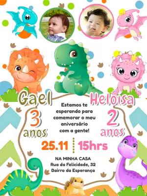 Convite Aniversário Duplo Dinossauro com Foto para Editar Online