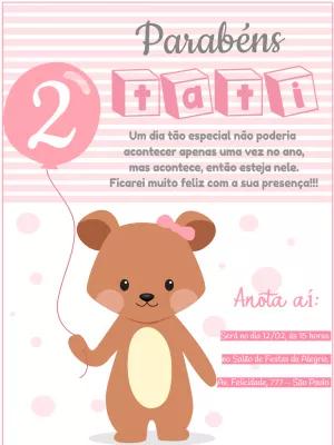 Convite de Aniversário Ursinha Rosa Delicada para Editar
