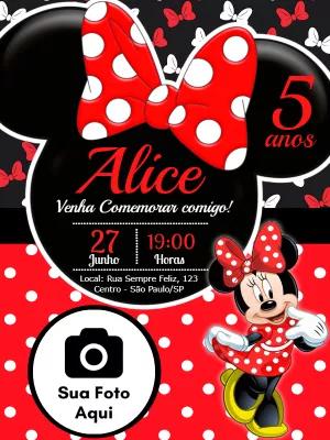 Convite de Aniversário Minnie Mouse com Foto para Editar