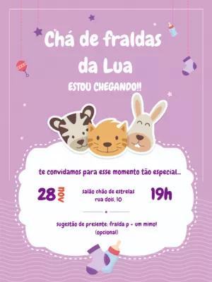 Convite Chá de Fraldas Bichinhos Lilás para Editar Online