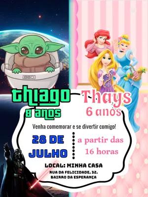 Convite Aniversário Duplo Star Wars e Princesas para Editar