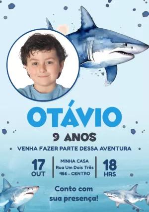 Convite Aniversário Tubarão Aquarela com Foto para Editar Online