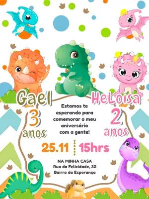 Convite Aniversário Duplo Dinossauro Baby para Editar Online