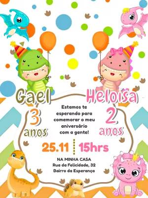 Convite Aniversário Duplo Dinossauro Baby para Editar Online