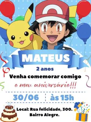 Convite de Aniversário Pokémon com Ash e Pikachu para Editar