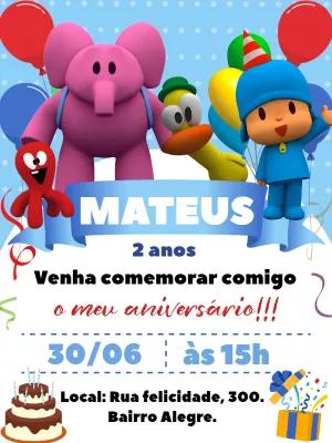 Convite de Aniversário Pocoyo com a Turma para Editar Online