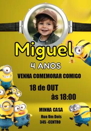 Convite de Aniversário Minions com Foto para Editar Online