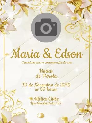 Convite Bodas de Pérola Floral Dourado com Foto para Editar