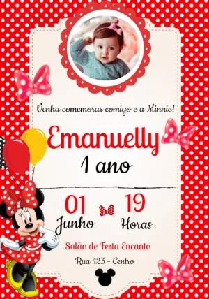 Convite de Aniversário Minnie Mouse com Foto para Editar