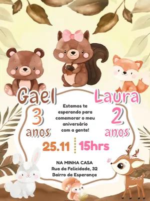 Convite Aniversário Duplo Bosque Encantado para Editar Online