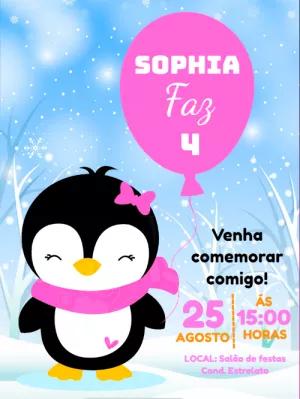 Convite Aniversário Pinguim Rosa para Editar e Imprimir