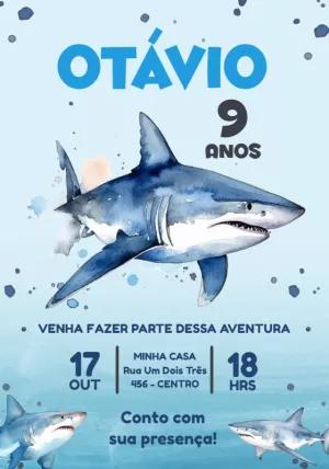 Convite Aniversário Tubarão Aquarela para Editar Online
