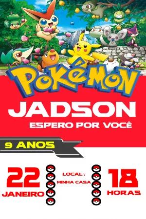 Convite de Aniversário Pokémon com Personagens para Editar Online