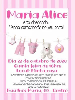 Convite Chá de Bebê Ursinha Rosa e Varal para Editar Online