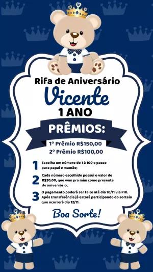 Rifa de Aniversário Ursinho Príncipe para Editar Online