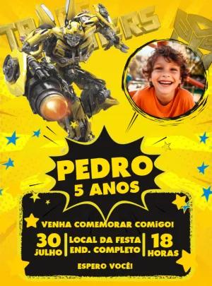 Convite Aniversário Bumblebee Transformers com Foto para Editar