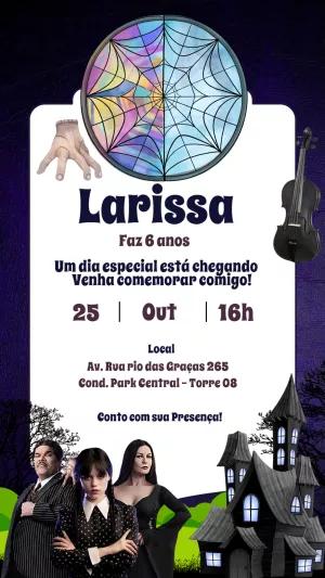 Convite Aniversário Wandinha Addams com Personagens para Editar
