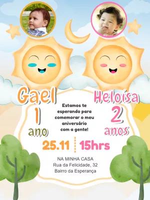 Convite Aniversário Duplo Volta ao Sol com Foto para Editar