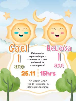 Convite Aniversário Gêmeos Primeira Volta ao Sol para Editar
