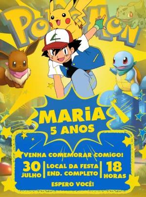 Convite de Aniversário Pokémon com Personagens para Editar Online